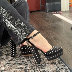 BORN ON FIFTH b&w polka dot platform heels